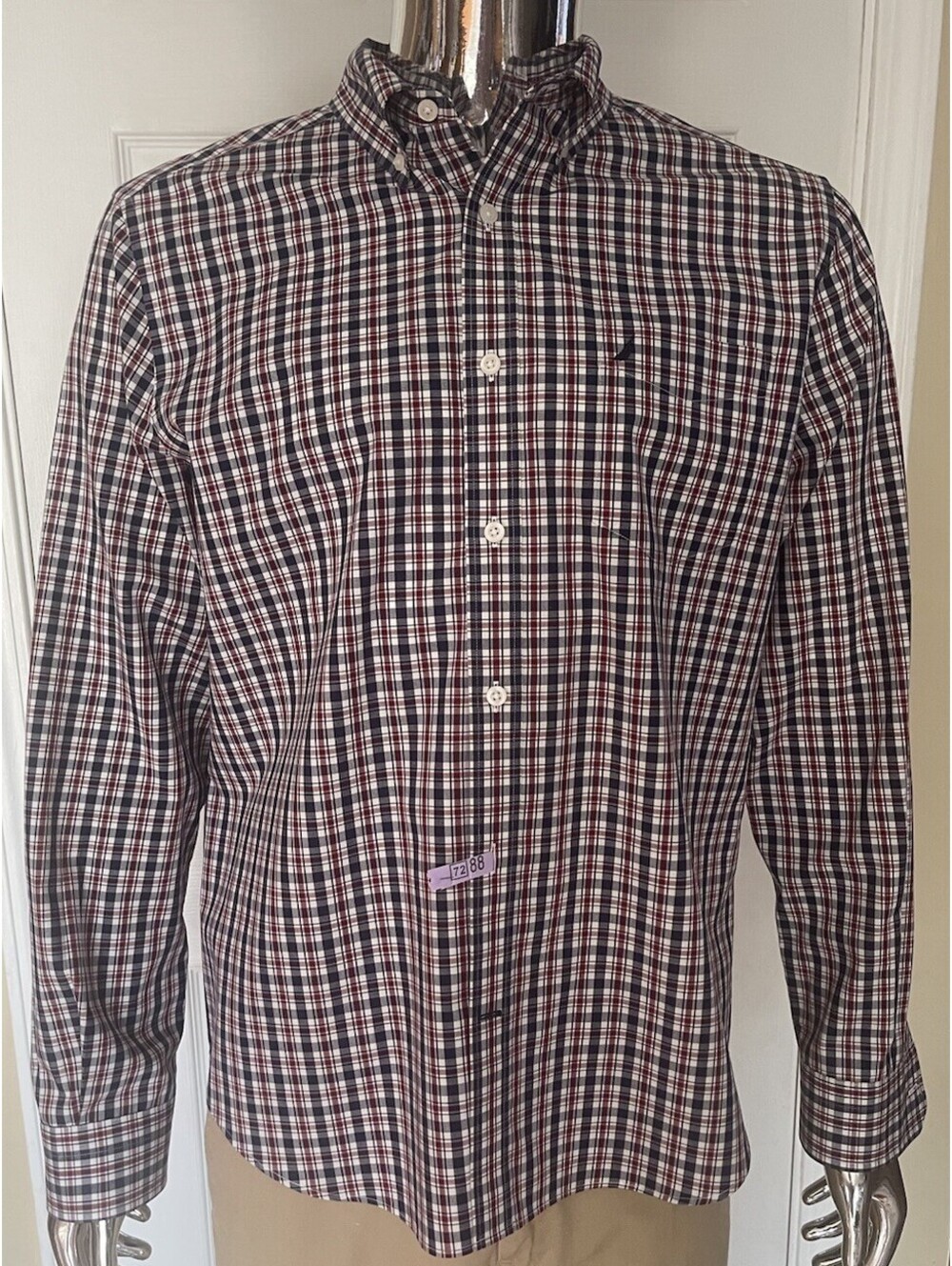 Nautica Long Sleeve Button Down Casual Plaid Navy Red White Shirt - Men's L